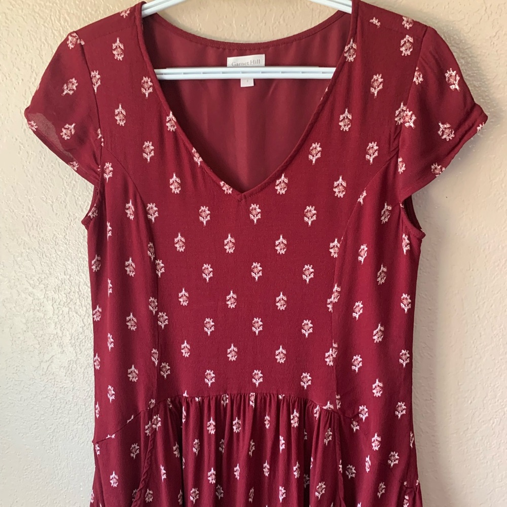 Garnet Hill Maroon Floral Boho Cottagecore Day Mini Dress Size 2 - Picture 5 of 9